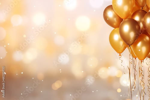 Golden balloons on a blurred shiny background with space for text