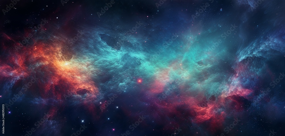Illustrate a cosmic scene with a linear gradient from deep space black to vibrant nebula colors.