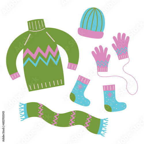 Warm accessories and clothes hand drawn flat vector illustration cartoon style. Drawing doodle with scarf, sweater, socks,cap, gloves, cozy fashion set. Icons design elements for print, card, template