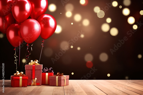 Red birthday balloons and gifts background. Copy space