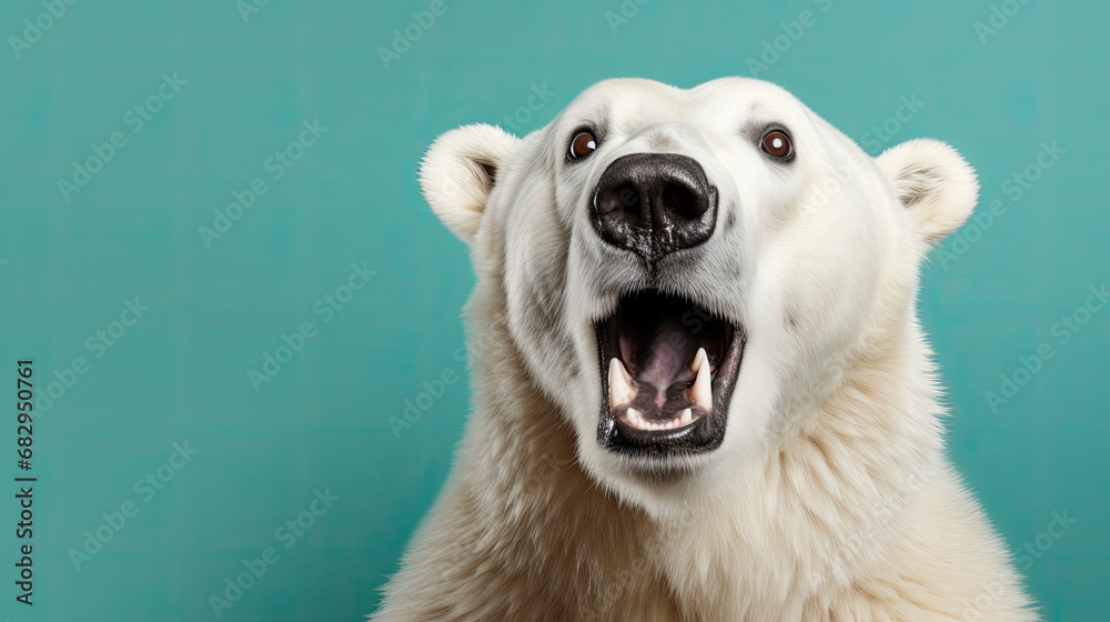 Polar bear on a mint pastel background, surprised animals, concept of shock, startle Polar bear on a mint pastel background, surprised animals, concept of shock, startle