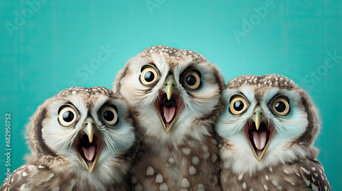 Three owls on a mint pastel background, surprised animals, concept of shock, startle 