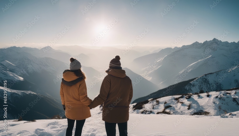 Happy friends embracing against snow capped mountains
