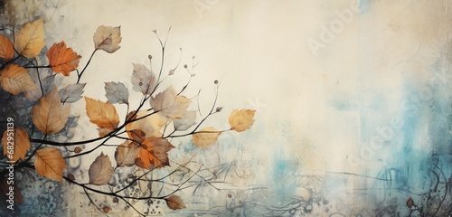 Illustration of leaves in mixed media on a grungy, abstract background.