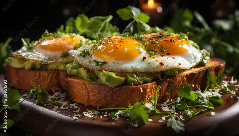 Avocado egg sandwich with whole grain bread on wooden background. Copy space Healthy lunch with fried eggs and Guacamole on toast. Diner or breakfast. Food concept Avocado egg sandwich with whole grain bread on wooden background. Copy space Healthy lunch with fried eggs and Guacamole on toast. Diner or breakfast. Food concept
