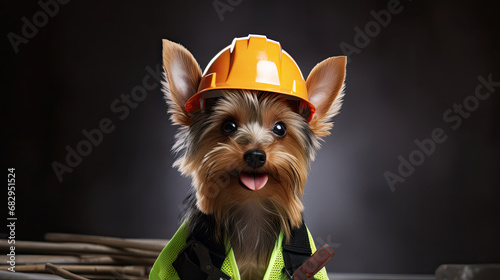 Yorkie dog wearing hard hat and safety vest as a construction worker