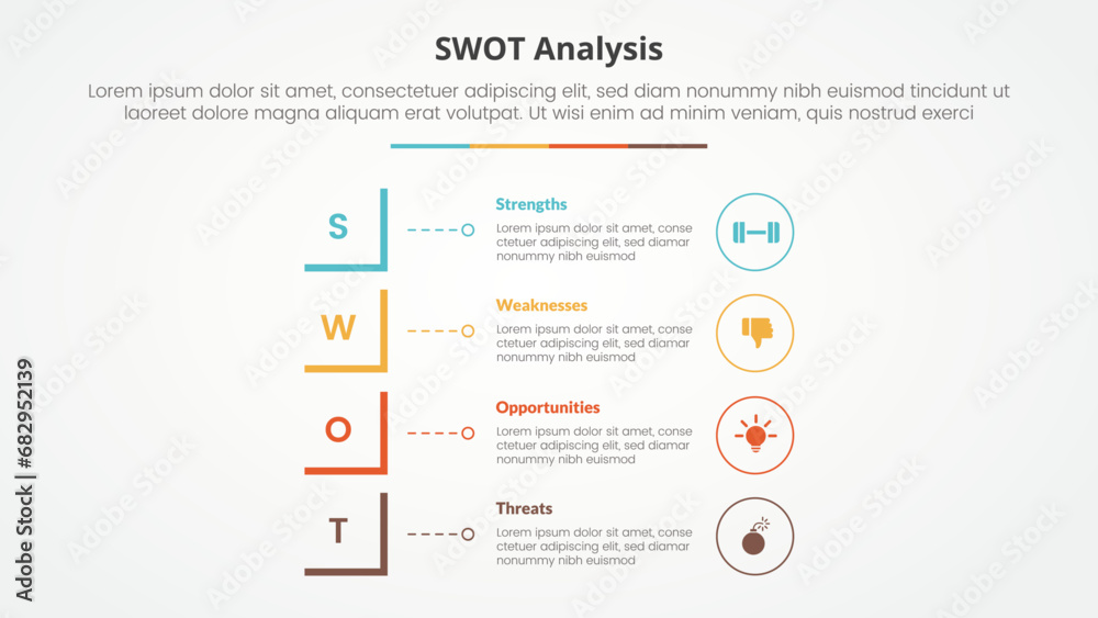 swot business framework strategic template infographic concept for slide presentation with modified square shape vertical stack with 4 point list with flat style