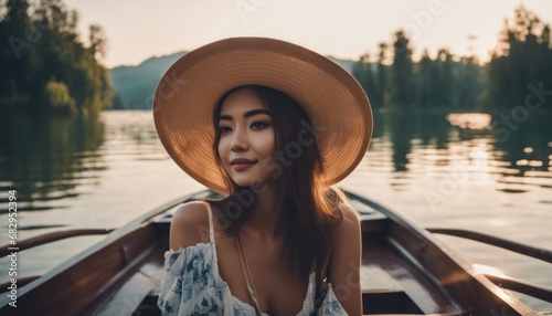 happy young woman tourist in asian hat on the boat at lake © Adi