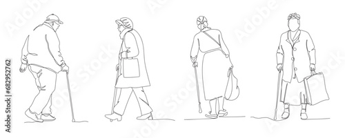 Senior people walking with canes. 4 people set. Black single line drawing isolated on white background. Vector illustration in line art style.