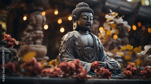 Buddha statue in a buddhist temple surrounded by flowers photo