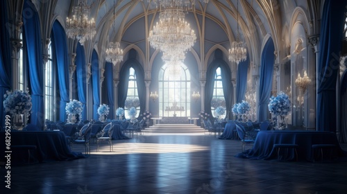  Wedding hall with blue curtains and luxurious decoration