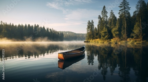 Peaceful morning on mountn lake with canoe and pine trees photo