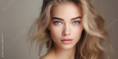 Beautiful model with clear skin closeup portrait, beauty banner 