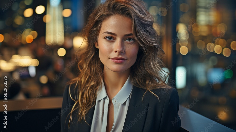 Fototapeta premium This is a late-night close-up of a white businesswoman posing next to a window in a large city office with skyscrapers. CEO grinning while addressing the camera .