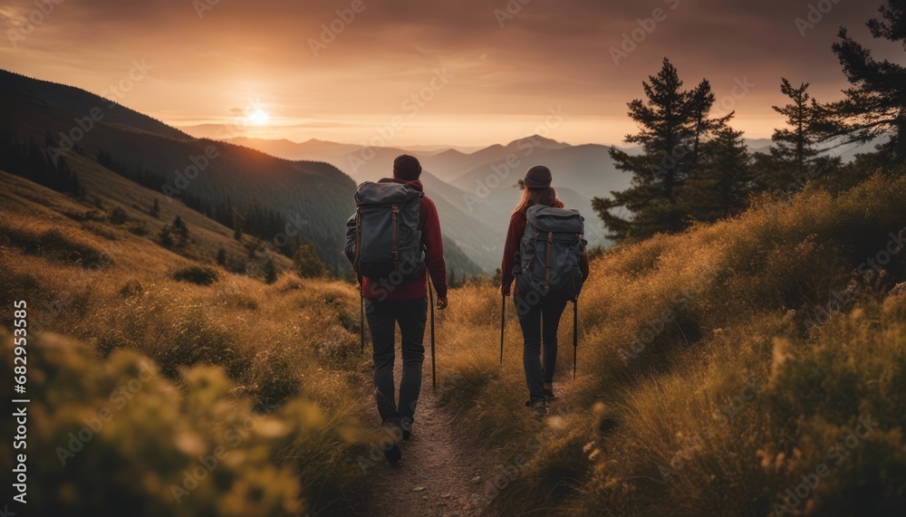 Hikers with backpacks walks in mountains at sunset