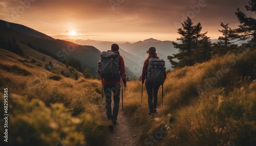 Hikers with backpacks walks in mountains at sunset © Adi