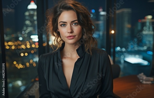 This is a late-night close-up of a white businesswoman posing next to a window in a large city office with skyscrapers. CEO grinning while addressing the camera .