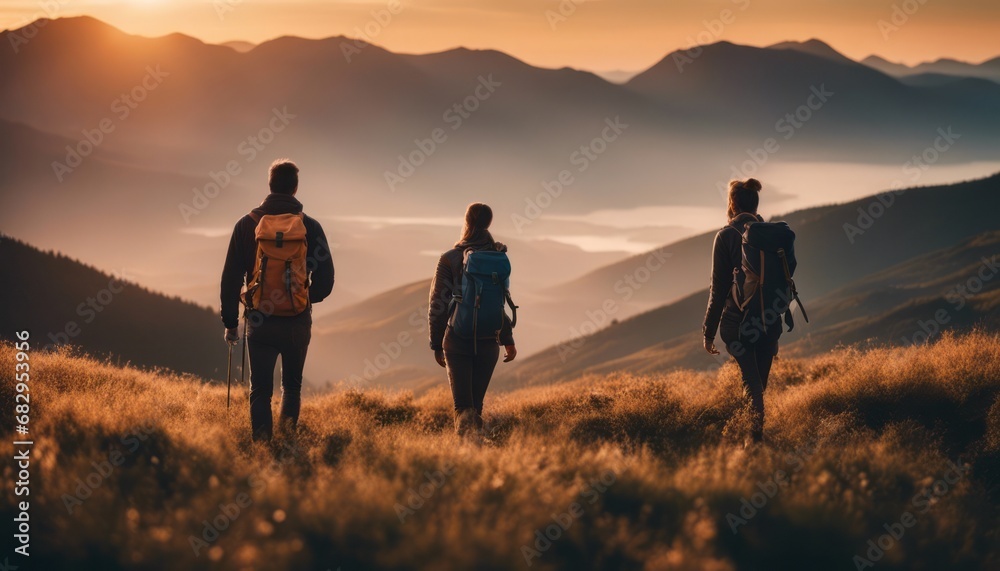 Hikers with backpacks walks in mountains at sunset - obrazy, fototapety, plakaty 