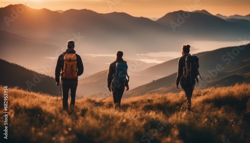 Hikers with backpacks walks in mountains at sunset