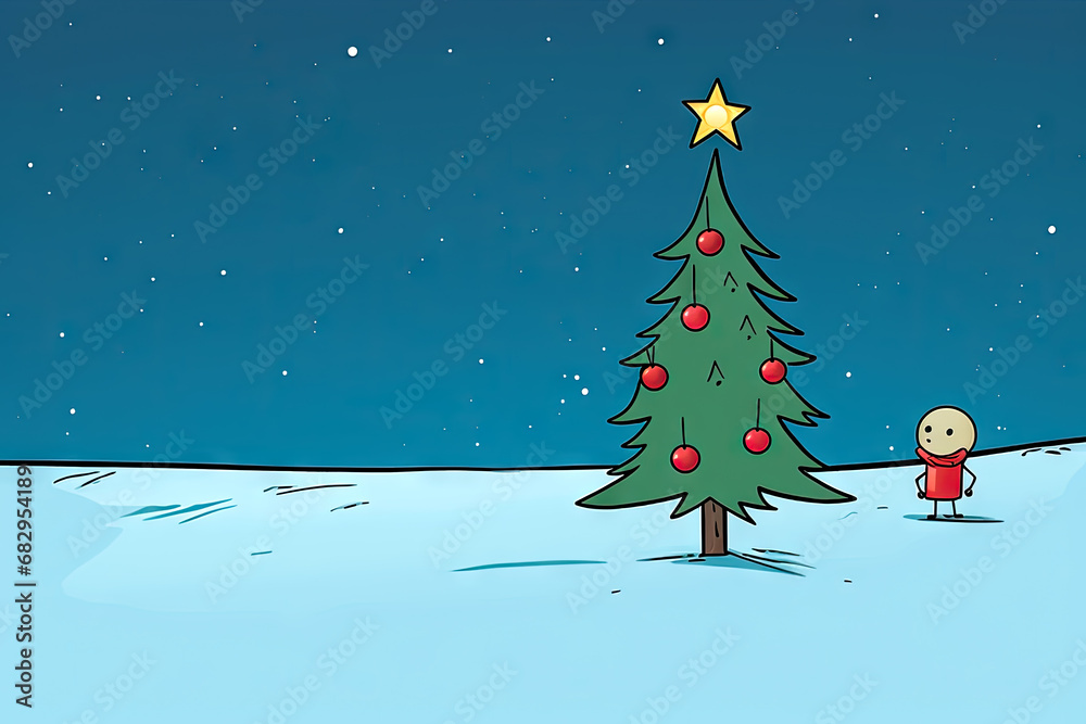 Christmas card. Comic style illustration. White space. Minimal