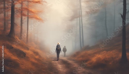Hiking in fog at autumn forest. Woman tourist with cowboy hat and backpack walking at footpath