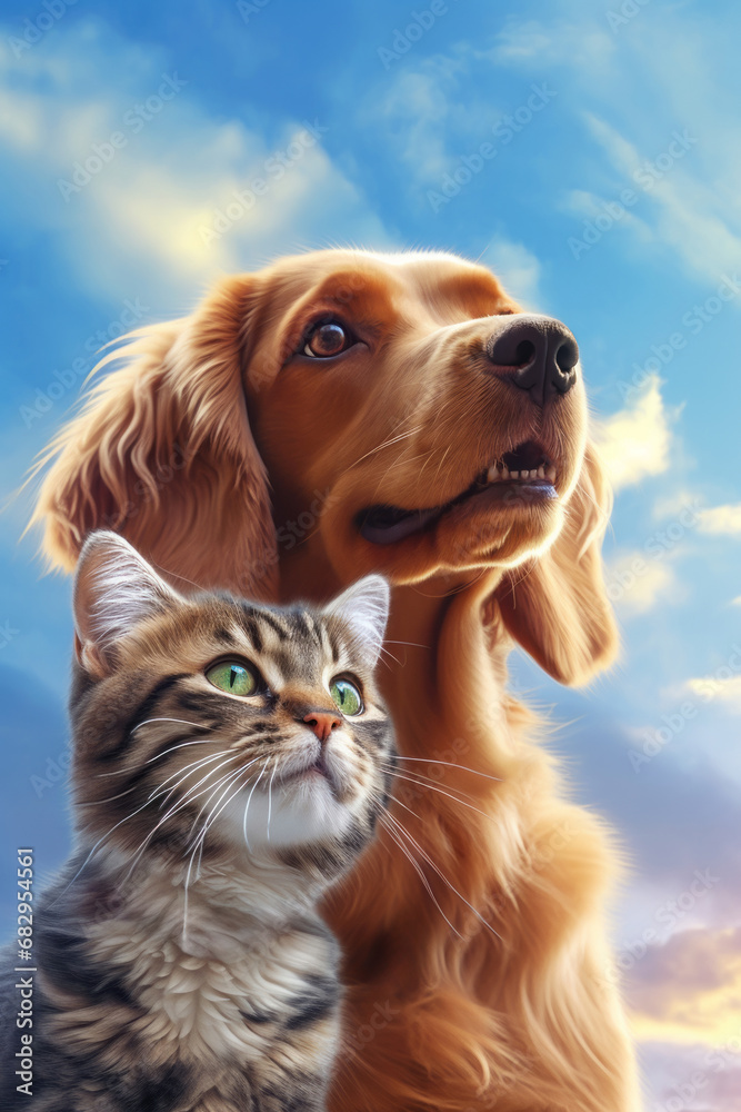 A portrait of a funny red dog and brown cat are looking upward. Blue background sky with clouds. Copy space.