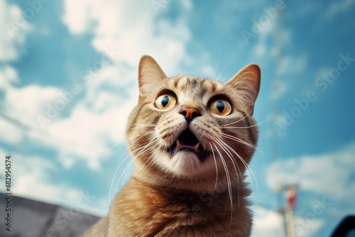 A portrait of a funny brown cat looking upward. Blue background sky with clouds. Copy space.