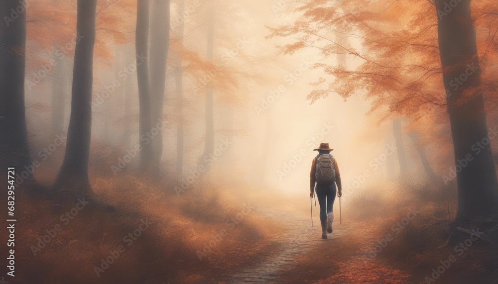 Hiking in fog at autumn forest. Woman tourist with cowboy hat and backpack walking at footpath