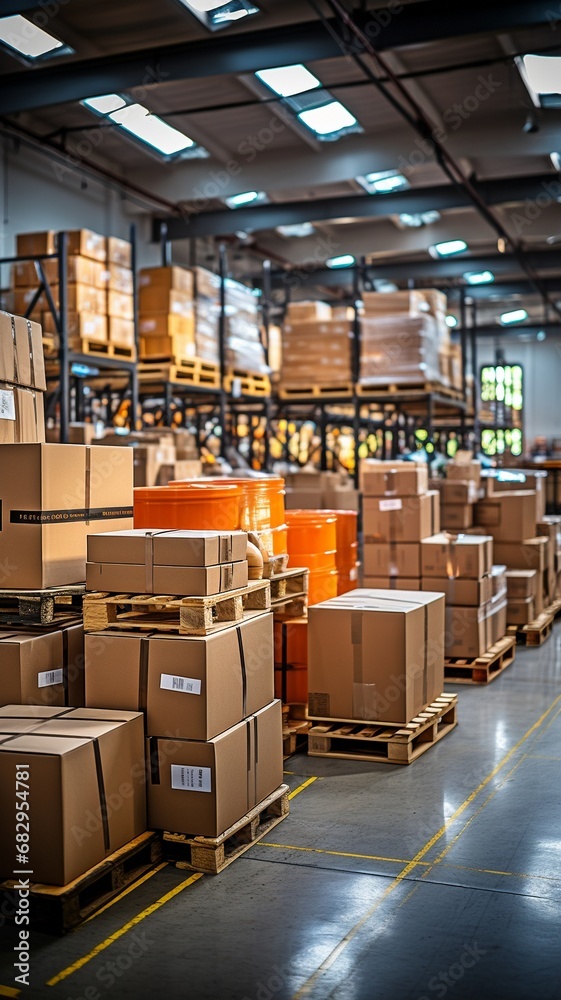 a vacant storage area with goods arranged on depot racks, carton boxes, and containers ready for stock distribution and order delivery..