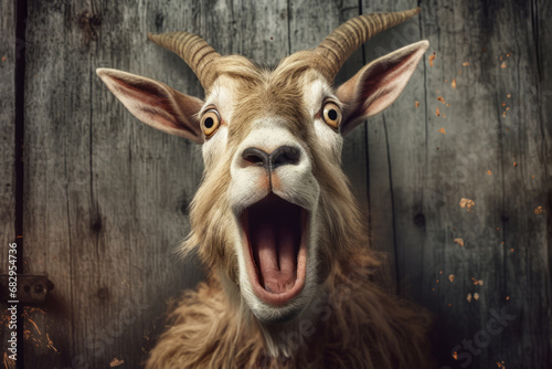 Portrait of Surprised Goat. Head of funny silly looking pet on wooden background