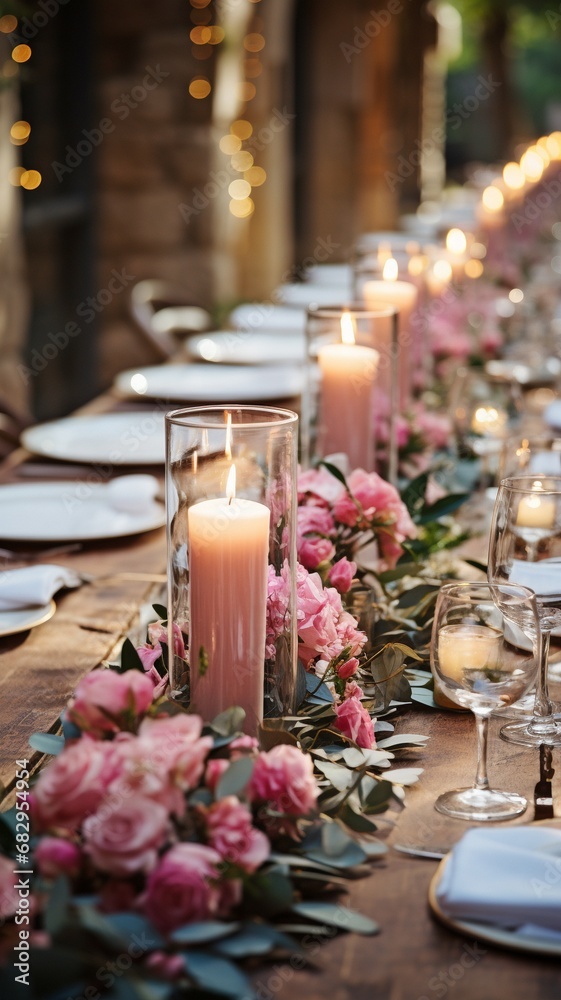 On the table for the wedding celebration is a floral garland made of pink and eucalyptus flowers. Italian meal.