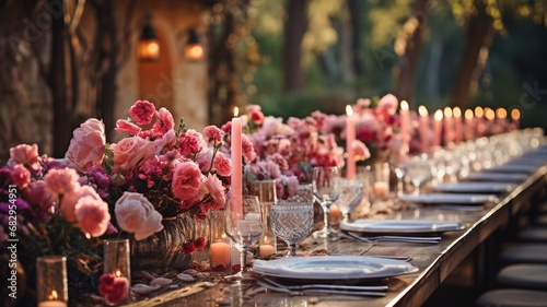 On the table for the wedding celebration is a floral garland made of pink and eucalyptus flowers. Italian meal. photo