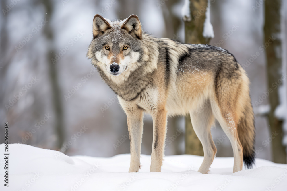 Gray wolf or grey wolf canis lupus close up in snow.