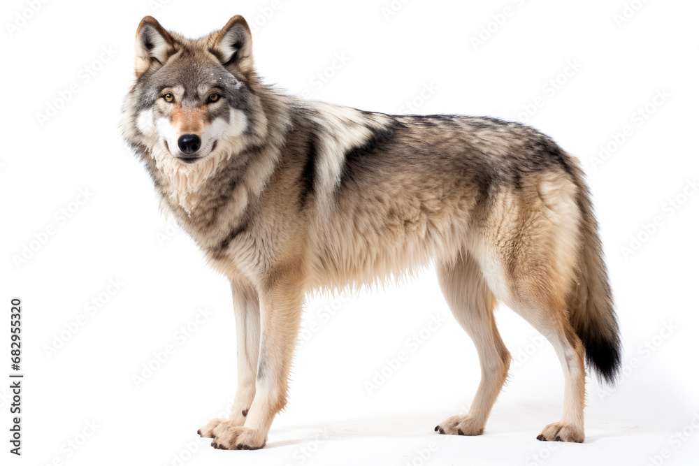 Gray wolf or grey wolf canis lupus close up, cut out and isolated on a white background.