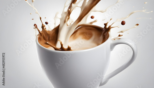 Splash of coffee and milk in white cup photo