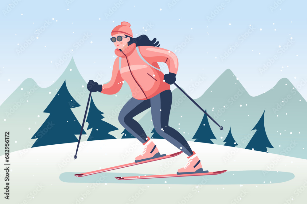 Woman skier in sportswear, pink jacket, black pants and goggles. An athlete skis down the mountain. Winter sport and active recreation concept. - obrazy, fototapety, plakaty 