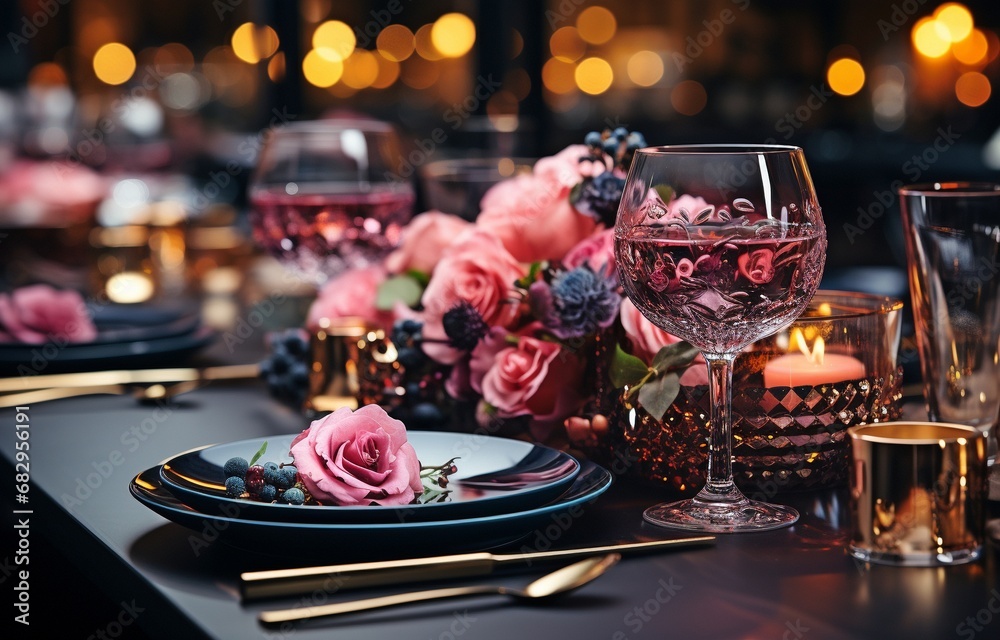 Elegant, dark-themed holiday feast in a restaurant with crystal and black dishes surrounded by beautiful flowers .