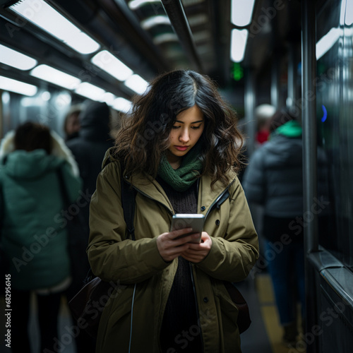 Young Asian woman with a smartphone chatting in the subway