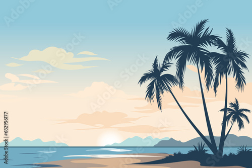 Amazing beach landscape. Beautiful sandy beach on the ocean with silhouette of palm trees at sunset or sunrise and stunning clouds. Paradise holiday or vacation. © LoveSan