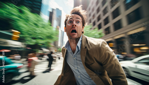 a stressed man walking fast through the streets of New York on a sunny day.