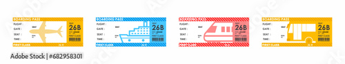 set of travel ticket icons for different types of transport such as airplane, cruise liner or ship, train and bus, multi-colored travel tickets on a white isolated background eps10