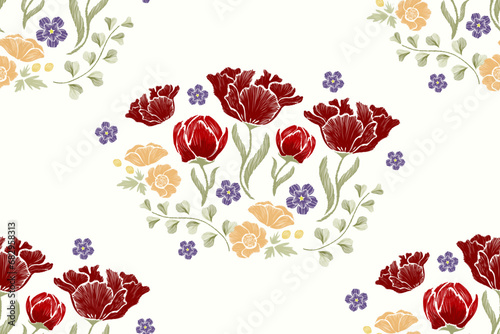 Floral embroidery pattern seamless paisley patches border with tulips flower motifs background border oriental Europe style. Ikat pattern seamless vector illustration spring summer colourful design .