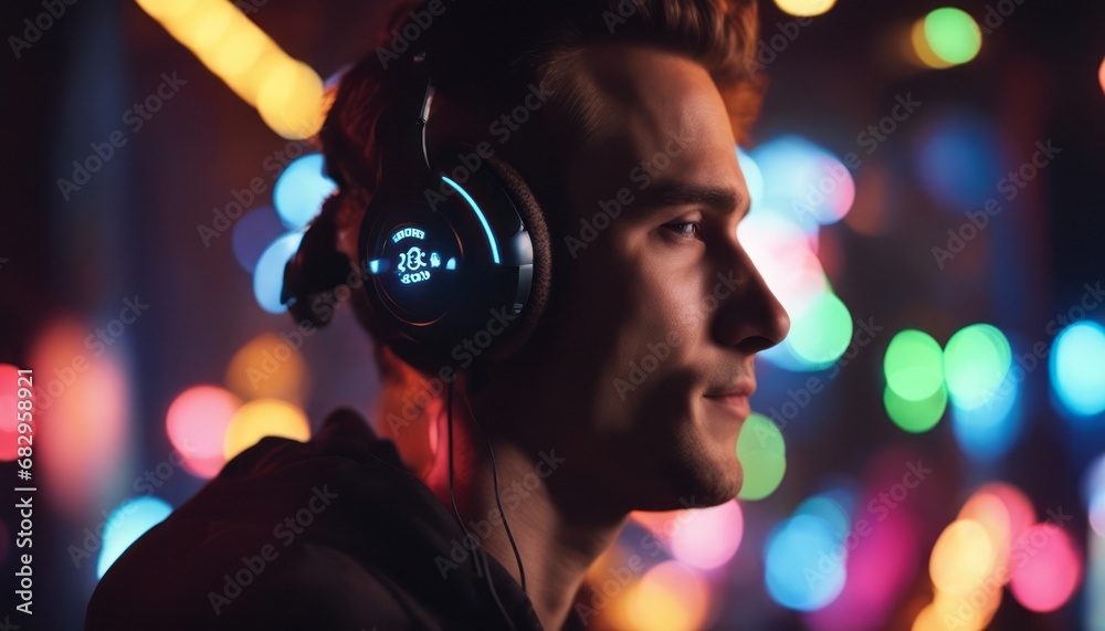 Laughting, close up. isolated on dark background in multicolored neon, listening to music with headphones Laughting, close up. isolated on dark background in multicolored neon, listening to music with headphones