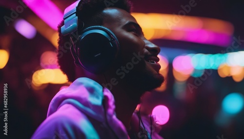 Laughting, close up.  isolated on dark background in multicolored neon, listening to music with headphones © Adi