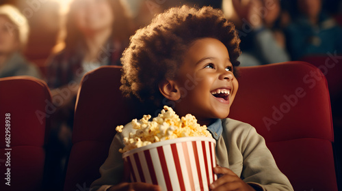 Black skin child in the cinema with popcorn