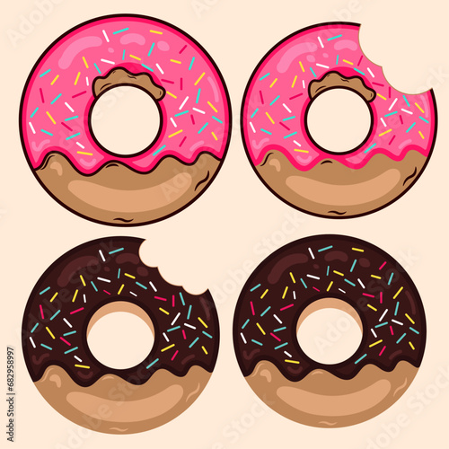whole and bitten donuts with sprinkles on skin background, vector illustration in cartoon style for wall art decoration and menus.
