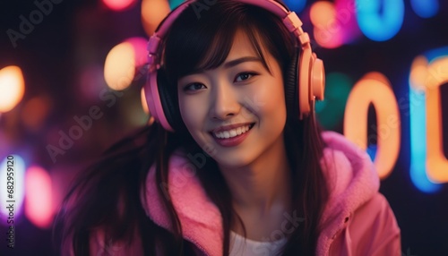 Laughting, close up. isolated on dark background in multicolored neon, listening to music with headphones