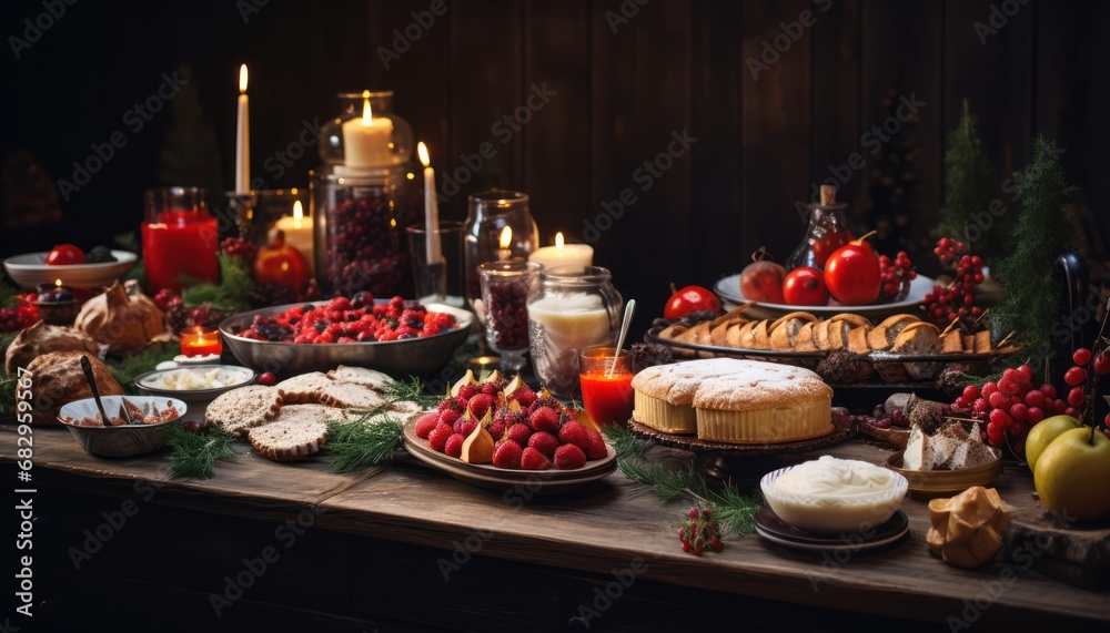 A Feast of Delights: A Table Overflowing with a Bounty of Food and Illuminated by Candlelight