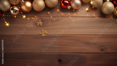 An arrangement of Christmas ornaments and twinkling fairy lights on a wooden surface, Merry Christmas background, top view, with copy space