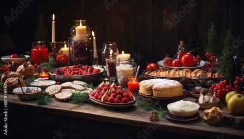 A Feast of Delights: A Table Overflowing with a Bounty of Food and Illuminated by Candlelight